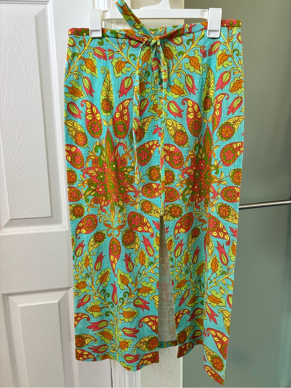 Zara Turquoise Floral Midi Skirt with Red and Yellow Accents